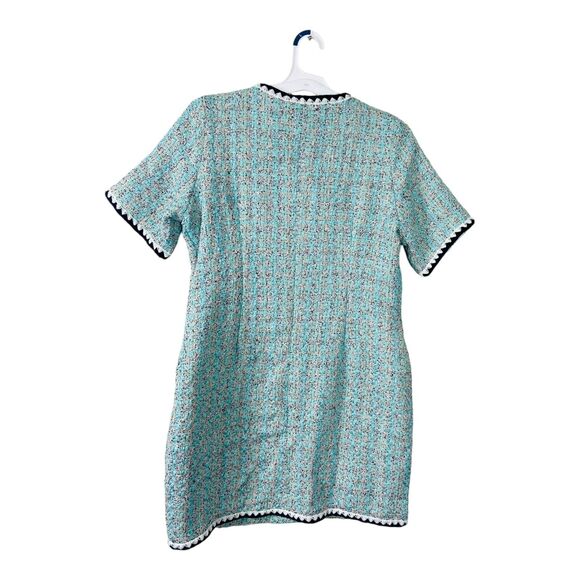 NWT LifeShe Tweed Jackie Button Up V Neck Short Sleeve Mini Dress Blue Lined L - Picture 4 of 14